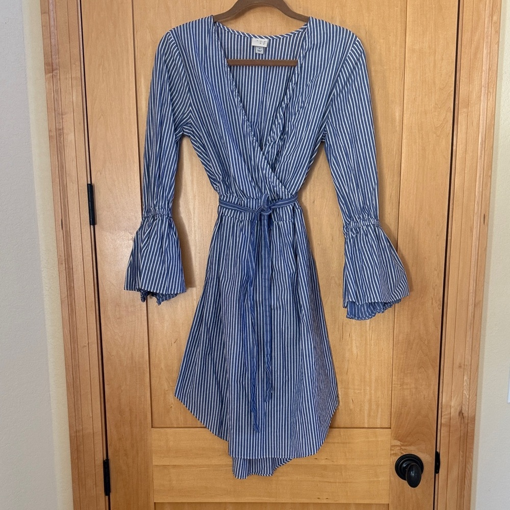 a new day Blue and White Striped Long Sleeve Wrap Dress